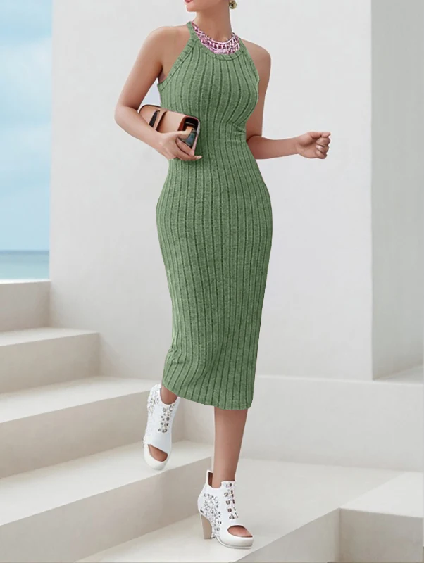 Dresses for Women Solid Halter Neck Bodycon Ribbed Knit Tank Dress