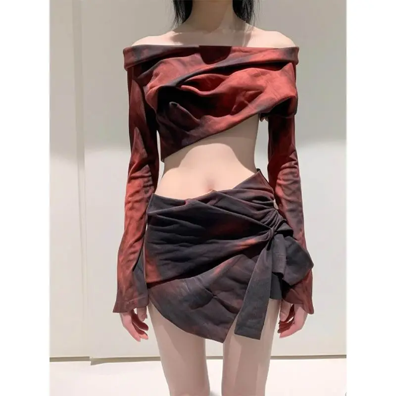 Women's Sexy One-shoulder Fashion Suit Set Mixed-color Half-skirt Two-piece