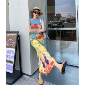 Womens Dresses Woman Clothes Miyake High-grade Pleated Print Dress Chinese Nat